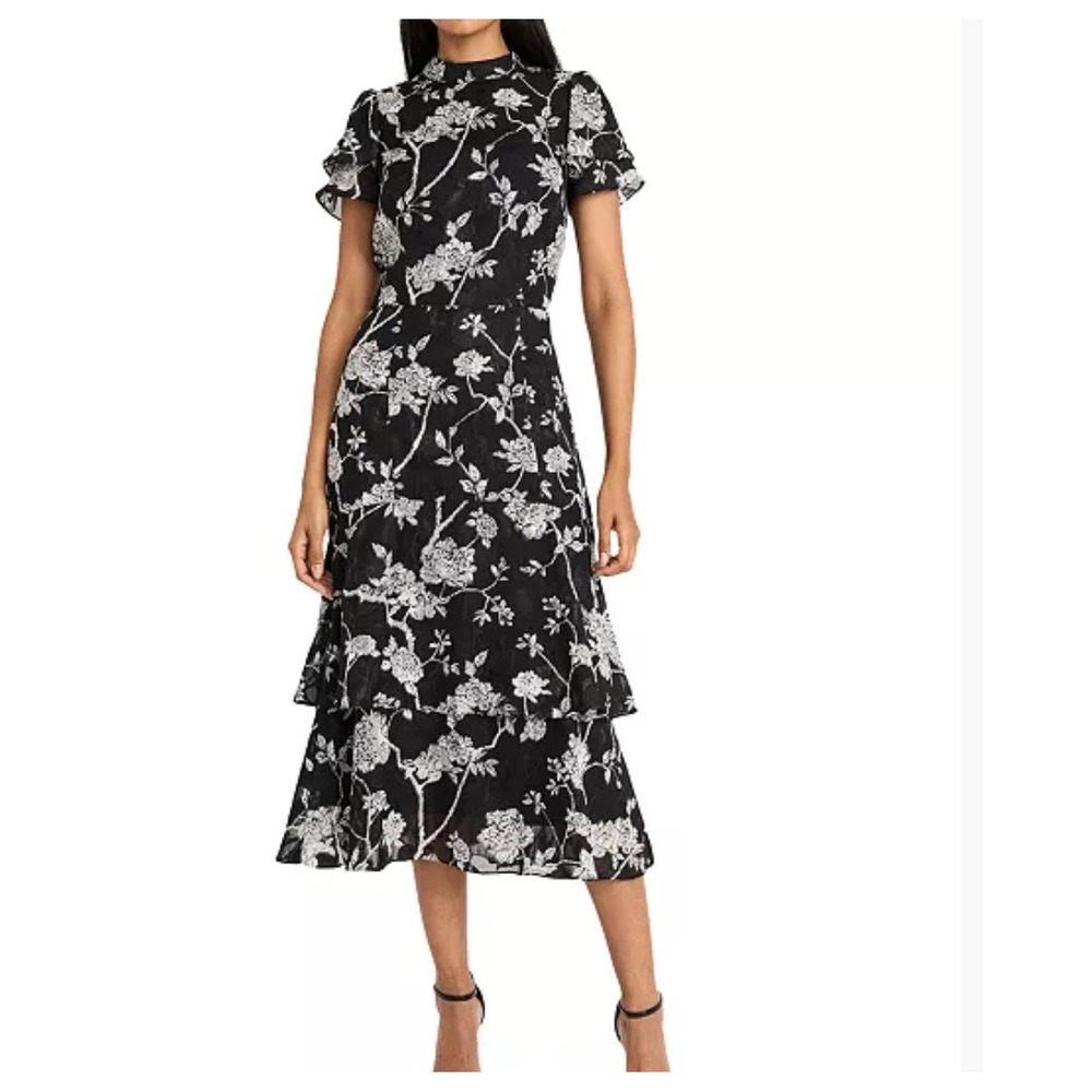 NEW Maggy London Floral Jacquard Tiered Midi Dress Size 12 Black White Cocktail
